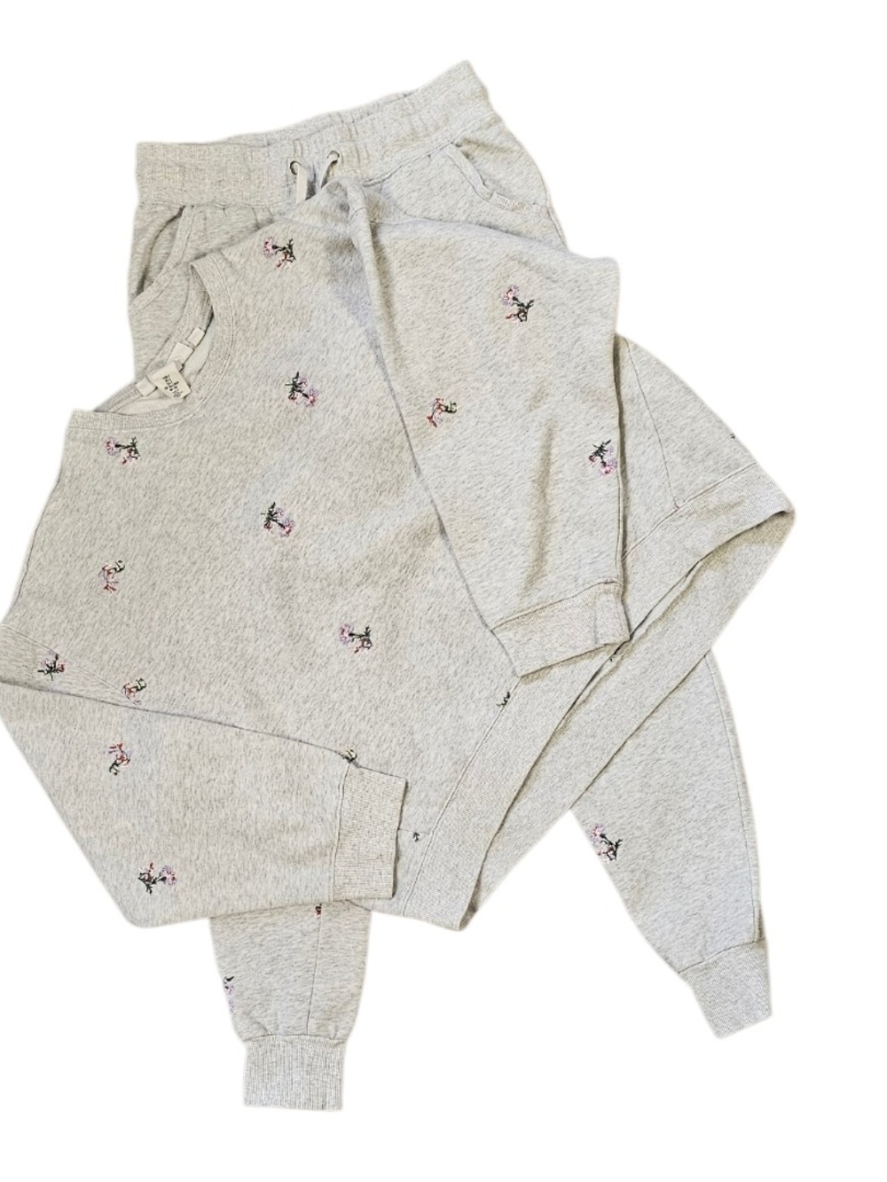 H&M LOGG Floral Embroidered Sweatshirt Jogger Set Gray Lounge Set XS S